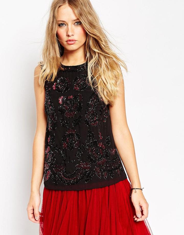 Needle & Thread Rose Etch Embellished Top - Black