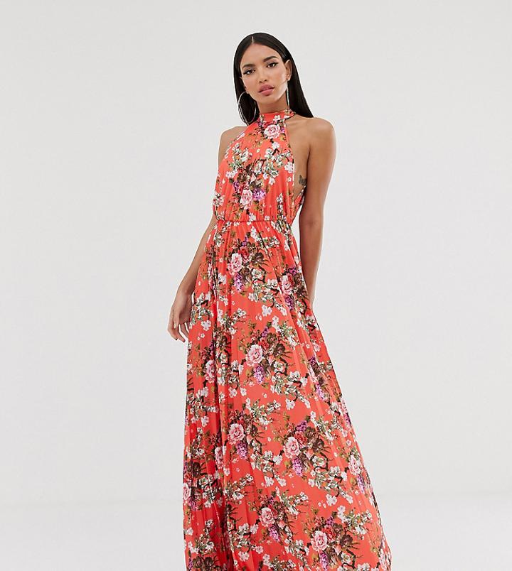 Asos Design Tall Halter Pleated Waisted Maxi Dress - Multi