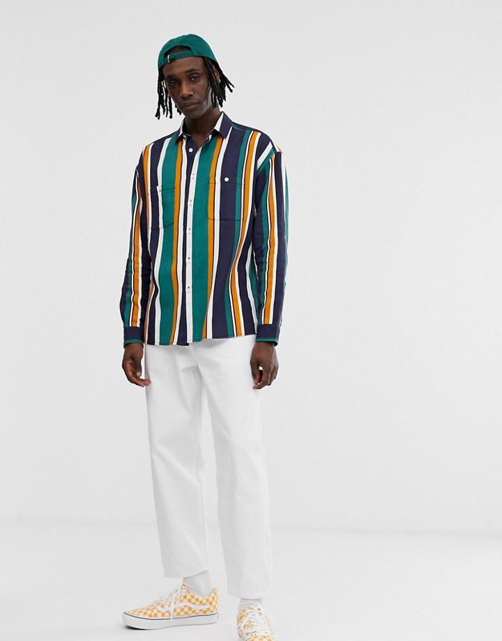 Asos Design Dropped Shoulder Oversized 90s Stripe Shirt In Green - Green