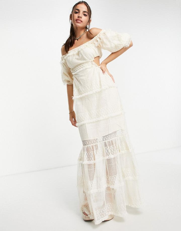Skylar Rose Off Shoulder Maxi Dress In Lace Tiers-white