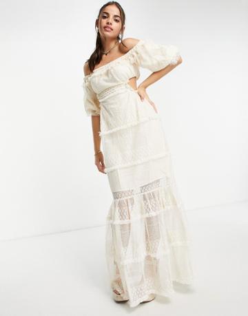 Skylar Rose Off Shoulder Maxi Dress In Lace Tiers-white