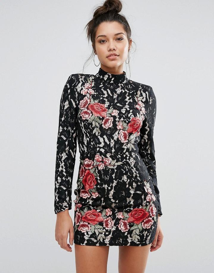 Missguided Peace + Love Lace Rose Applique High Neck Mini Dress - Blac
