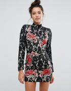 Missguided Peace + Love Lace Rose Applique High Neck Mini Dress - Blac