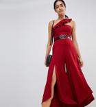 River Island One Shoulder Split Flare Jumpsuit - Red