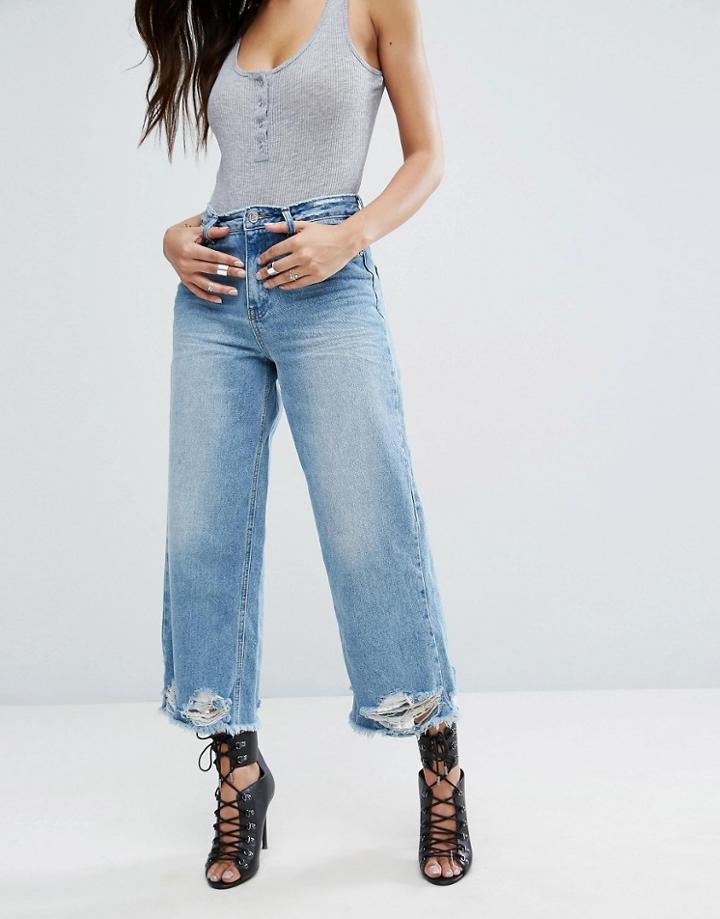 Missguided Mid Rise Wide Leg Busted Hem Jean - Blue