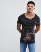 Asos Design Muscle Longline Scoop Neck T-shirt With Splatter Print - Black
