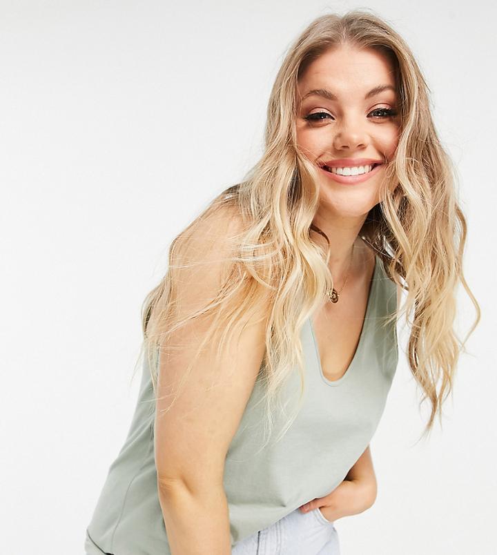 Asos Design Curve Ultimate Organic Cotton Scoop Neck Tank In Khaki-green