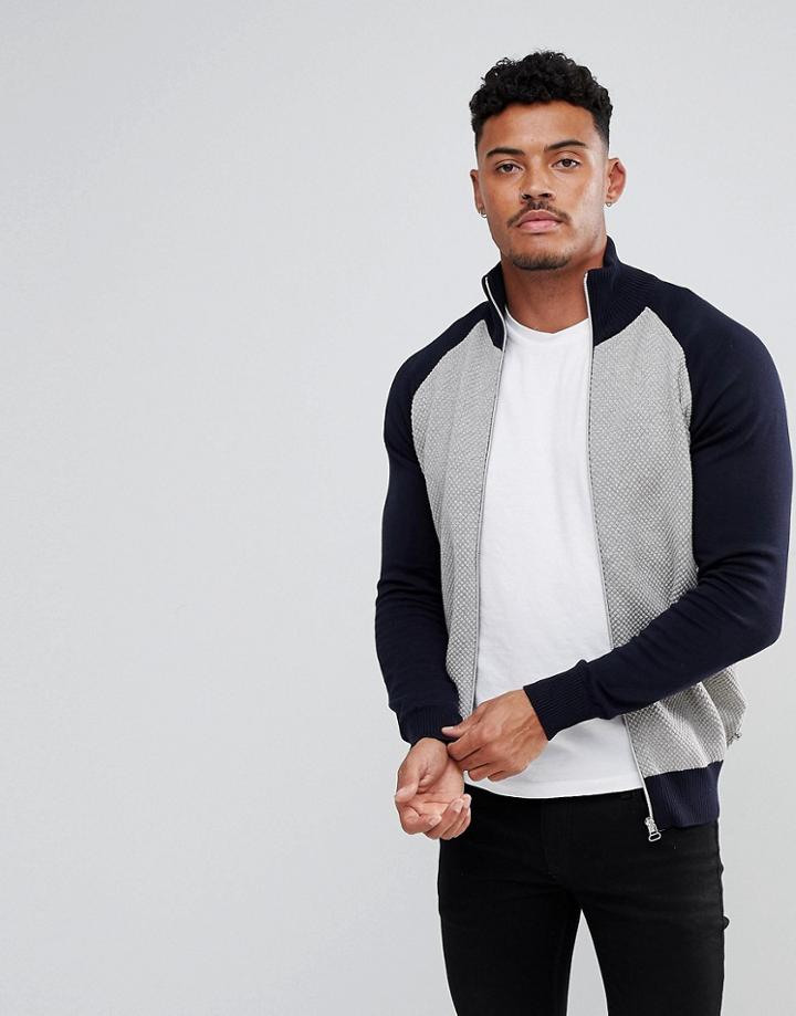 Kronstadt Zip Through Color Block Knitted Cardigan - Navy