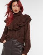 Y.a.s Knitted Sweater With Ruffle Detail And Turtle Neck In Brown