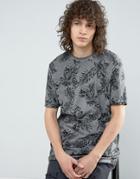 Asos Longline T-shirt With Skull Print And Wash - Gray