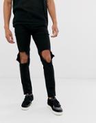 Asos Design Recycled Skinny Jeans In Black With Open Knee Rips - Black