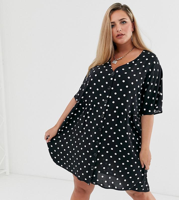 Asos Design Curve V Neck Button Through Mini Smock Dress In Black Mono Spot - Multi