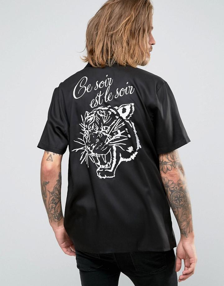 Asos Viscose Shirt In Black With Back Embroidery In Regular Fit - Black