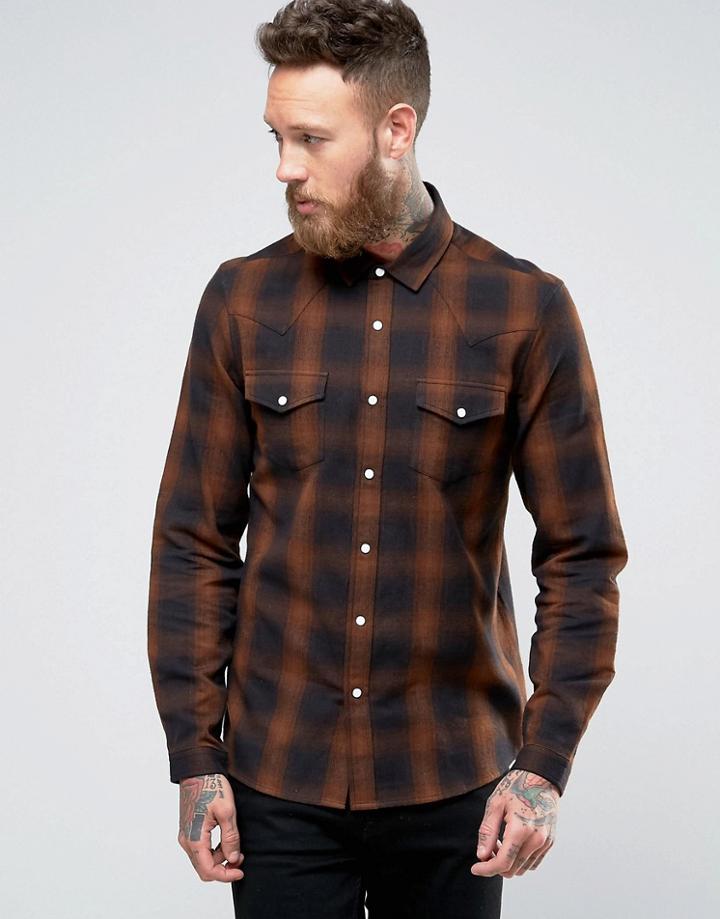 Asos Long Sleeve Western Shirt With Shadow Check In Regular Fit - Brown