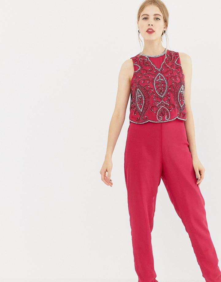 Frock & Frill Tailored Jumpsuit With Embellished Upper - Red