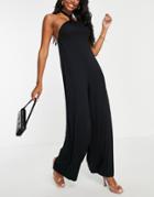 Asos Luxe Tie Halter Trapeze Jumpsuit In Black