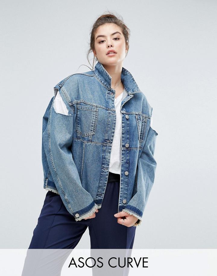 Asos Curve Denim Deconstructed Jacket With Cold Shoulder - Blue