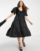 Topshop Tie Front Taffeta Midi Dress In Black