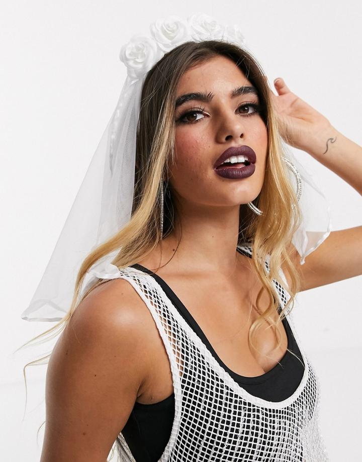 Asos Design Halloween Headband With Lace Veil With Floral Detail In White