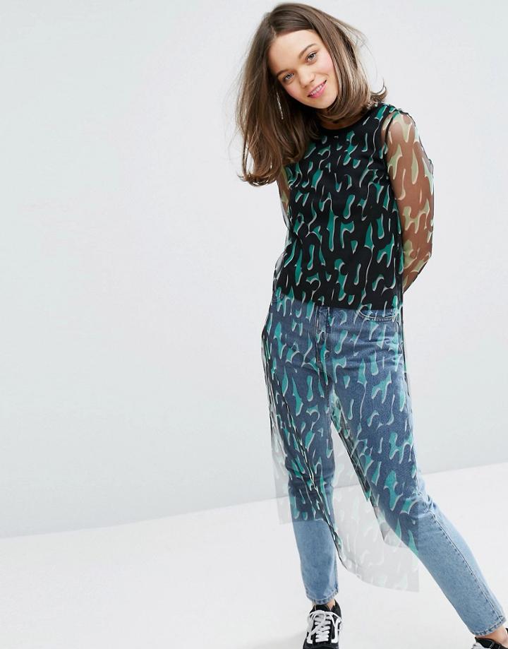 Monki Printed Mesh Layered Longline Top - Black