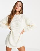 Asos Design Knitted Mini Dress In Cable Knit In Cream-white