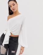 Asos Design One Shoulder Top With Knot Tie Front - White