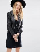 Mango Leather Look Bomber Jacket - Black