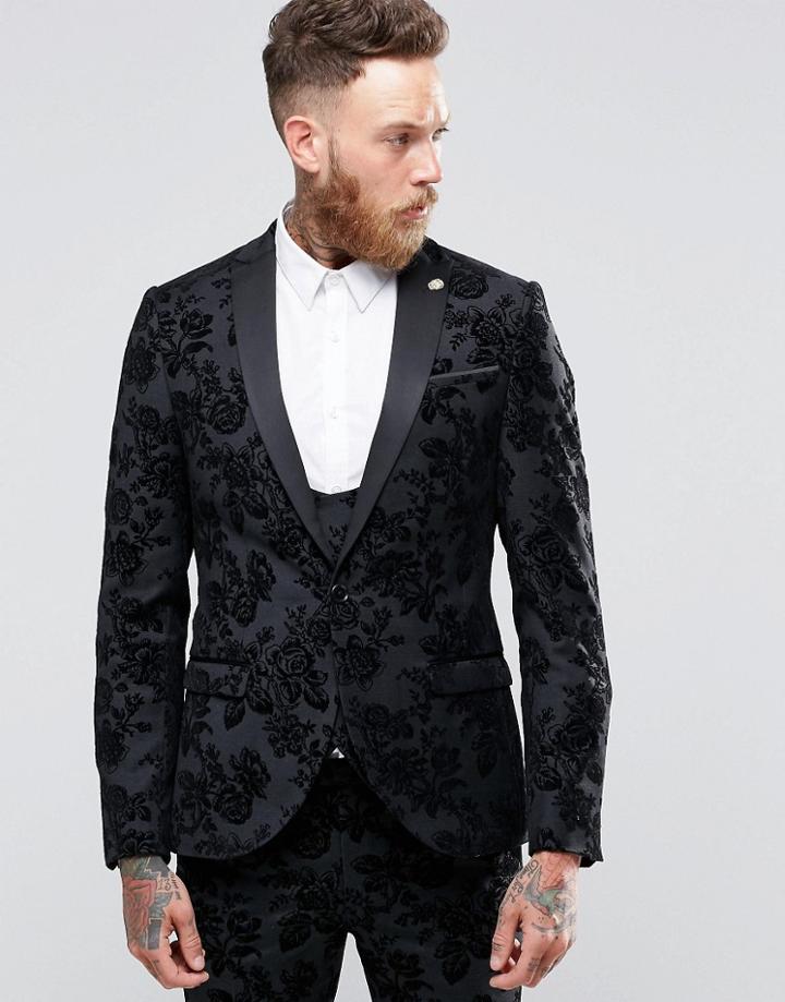 Noose & Monkey Skinny Tuxedo Jacket In Flocked Floral With Stretch - Gray
