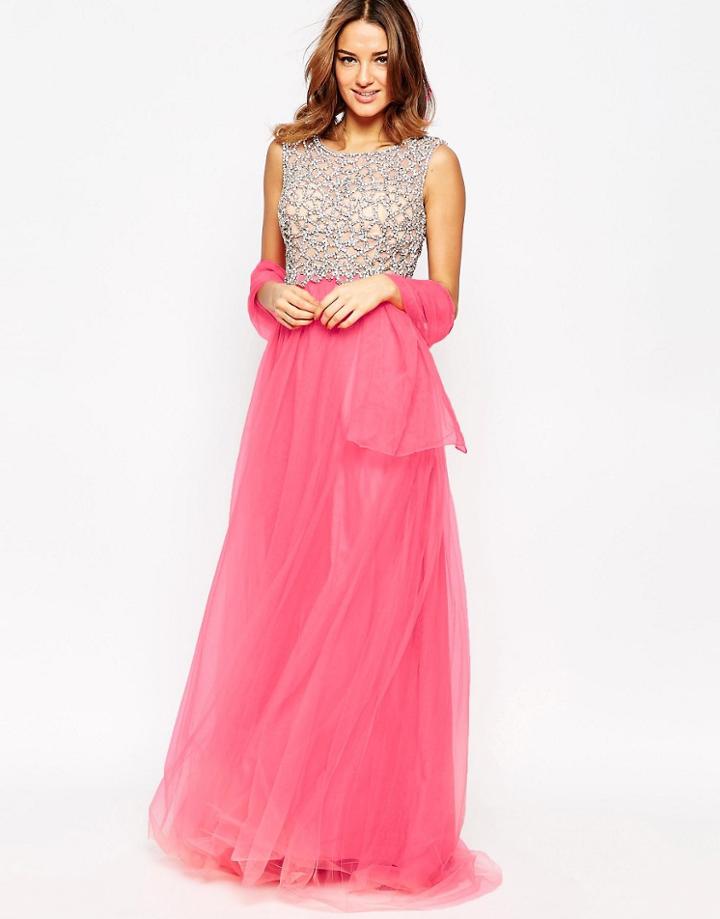 Forever Unique Kaitlyn Maxi Prom Dress With Embellished Bodice - Coral