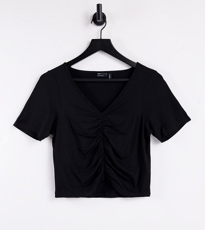 Asos Design Tall V Neck Crop Top With Ruched Front In Black
