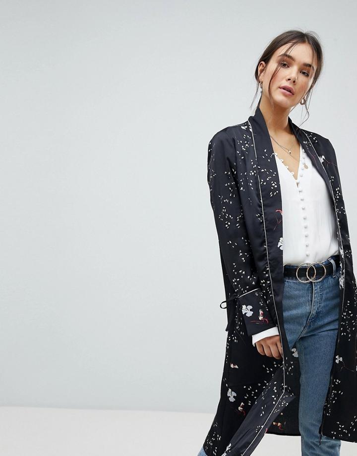 Qed London Longline Floral Kimono Jacket - Black