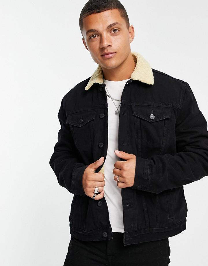 New Look Denim Jacket With Sherpa Collar In Black