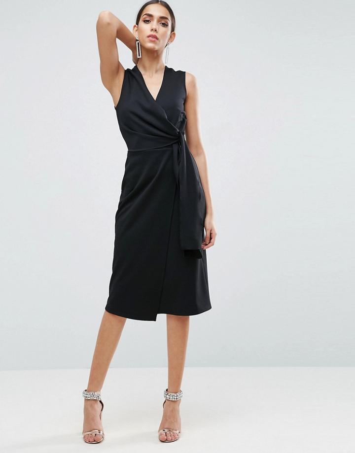 Asos Wrap Front Pencil Dress With Tie Detail - Black