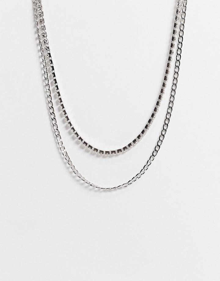 Asos Design Multirow Necklace With Crystals In Silver Tone