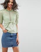 Asos Tea Blouse In Chiffon Lace Mix With Ruffle - Green