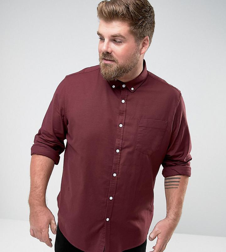 Asos Plus Stretch Slim Oxford Shirt In Burgundy - Red