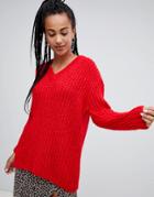 Mango Oversized V Neck Kniteed Sweater In Red - Red