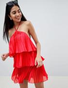 Asos Design Tiered Pleated Beach Dress - Red