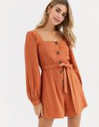 Asos Design Button Front Tie Waist Puff Sleeve Romper With Long Sleeves - Red