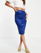 Flounce London Satin Ruched Front Midi Skirt With Tie Waist In Navy