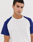 Jack & Jones Originals Longline Curved Hem Raglan Sleeve T-shirt In White/blue