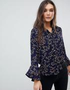 Qed London Pussy Bow Floral Blouse - Navy