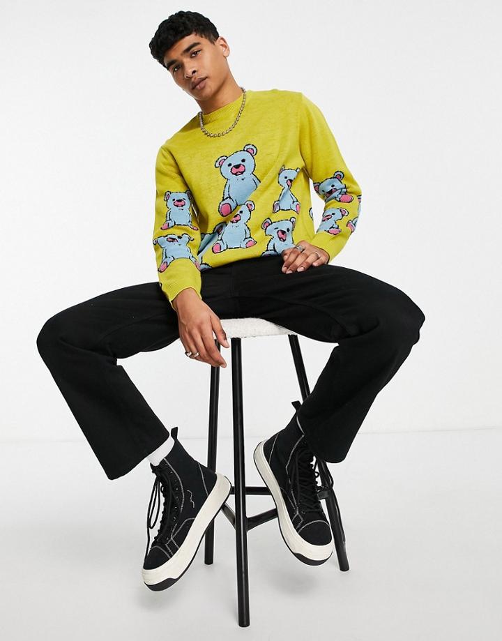 Asos Design Knitted Sweater With Teddy Pattern In Yellow