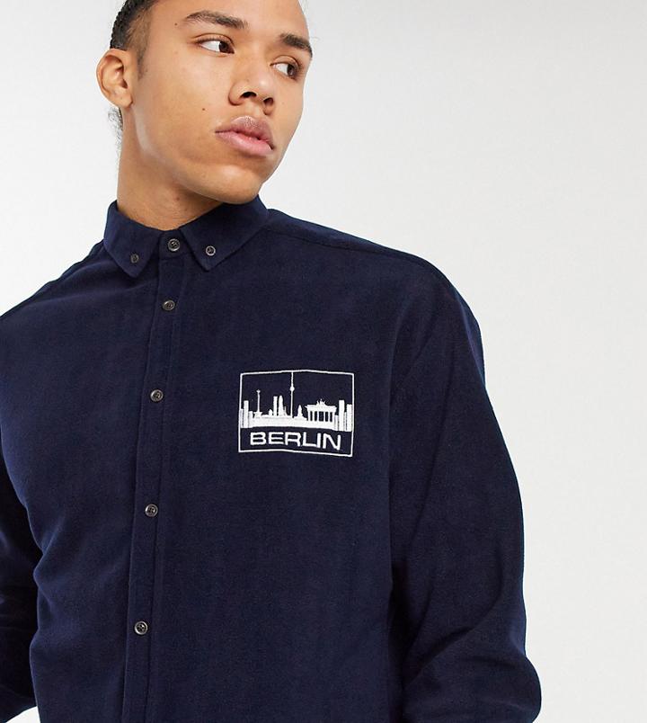 Asos Design Tall 90s Oversized Navy Fleece Shirt With Chest Embroidery