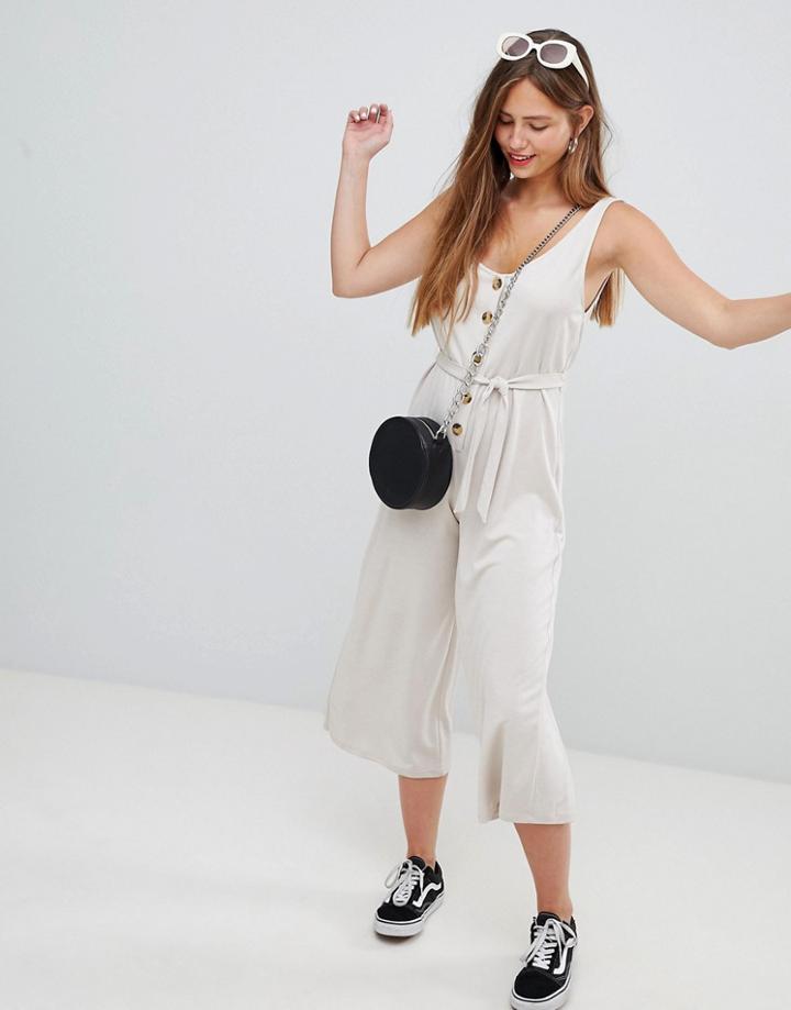 Bershka Button Through Cupro Jumpsuit In Beige - Beige