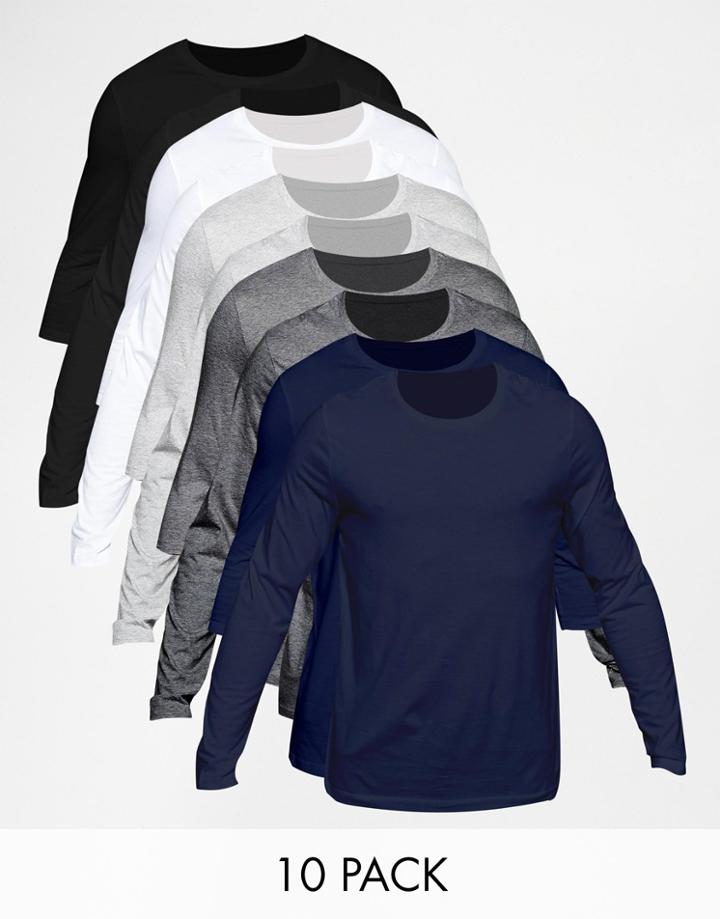 Asos Long Sleeve T-shirt With Crew Neck 10 Pack Save 28% - Multi