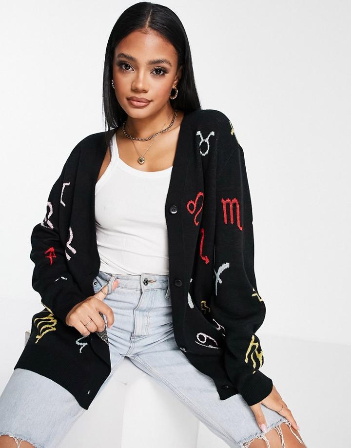 Asos Design Oversized Cardigan In Star Sign Pattern-black