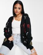 Asos Design Oversized Cardigan In Star Sign Pattern-black