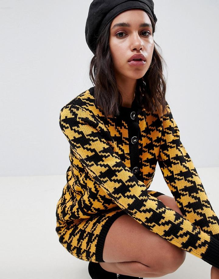 Asos Design Cardigan In Houndstooth With Vintage Look Buttons - Multi