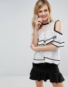 Asos Top In Mono Lace With Ruffles And Cold Shoulder - White